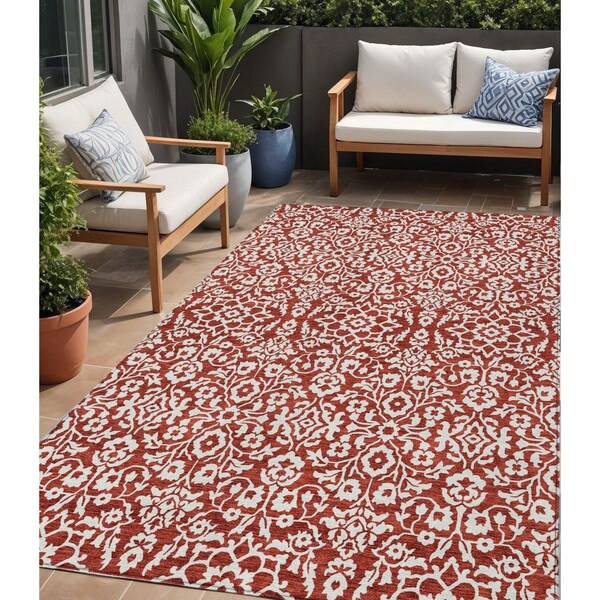 Homeroots 5' X 8' Red And Ivory Damask Washable Indoor Outdoor Area Rug 595188 - main