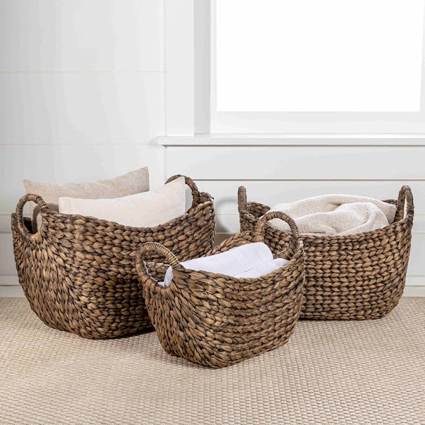 Happimess Nellie Farmhouse Classic Hand-Woven Hyacinth Storage Boat Baskets with Handles, Brown, 3PK BSK2002B-3SET - main
