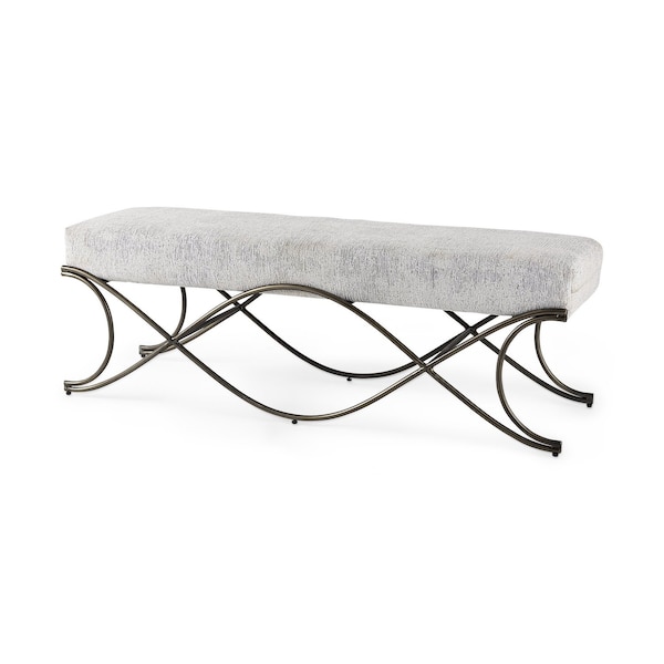 Homeroots 55" Dark Gray and Nickel Chenille and Metal Upholstered Bench 606736 - main