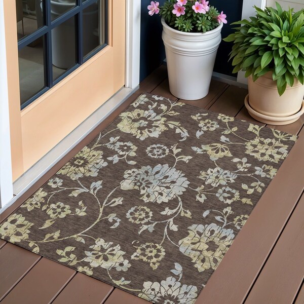 Homeroots 3' X 5' Chocolate Sky Blue And Artichoke Green Floral Washable Indoor Outdoor Area Rug 589458 - main