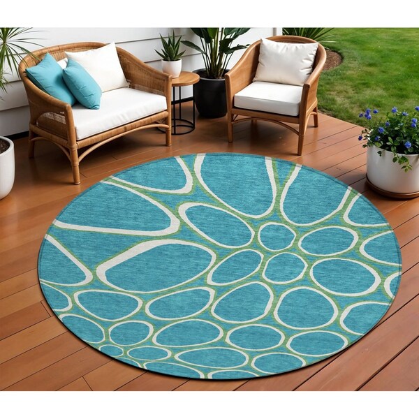 Homeroots 8' Teal Blue Ivory And Green Round Abstract Washable Indoor Outdoor Area Rug 600572 - main