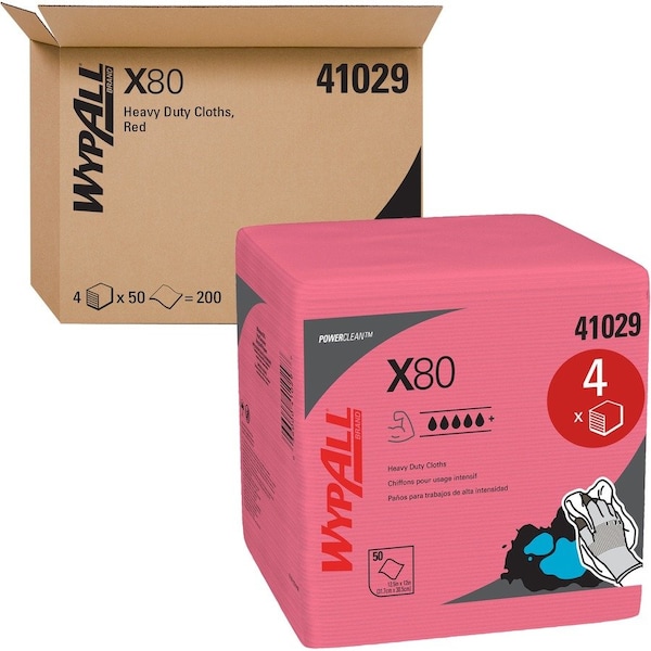 Wypall Power Clean X80 Heavy Duty Cloths, Extended Use Quarter-fold, Red, 50 Sheets/Pack, 4 PK 41029 - main