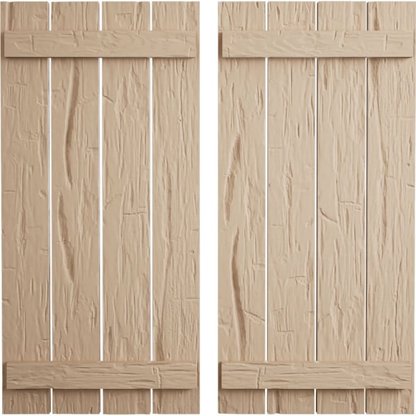 Ekena Millwork Rustic Four Board Spaced Board-n-Batten Hand Hewn Faux Wood Shutters, 23 1/2W x 48H, PR SHUBSS23X48HHPR - main