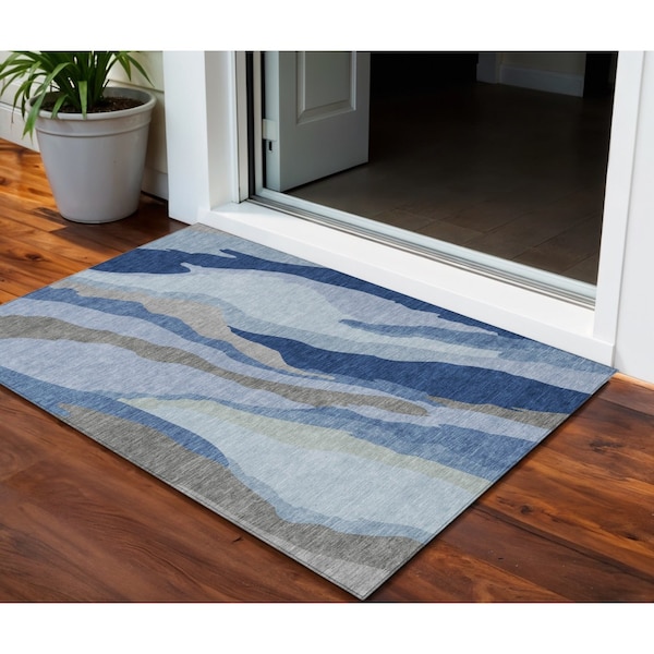 Homeroots 3' X 5' Blue Gray And Ivory Abstract Washable Indoor Outdoor Area Rug 600954 - main