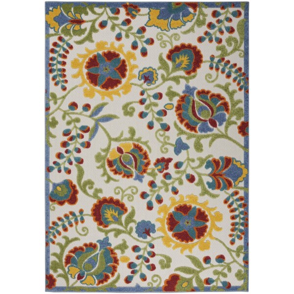 Homeroots 4' X 6' Ivory Red Green Blue And Yellow Floral Indoor Outdoor Area Rug 546658 - main