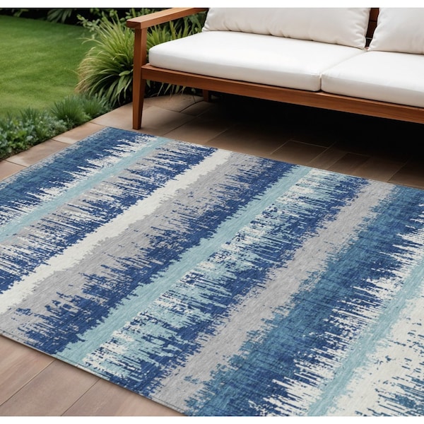 Homeroots 9' X 12' Blue Gray And Ivory Striped Washable Indoor Outdoor Area Rug 598332 - main
