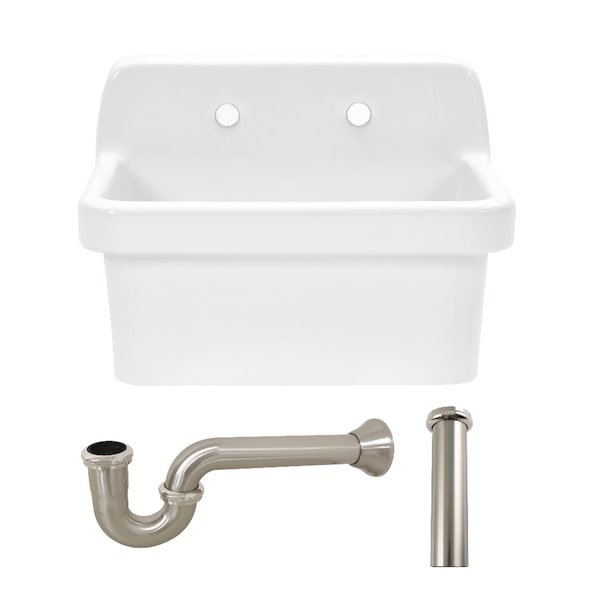 Kingston Brass 24" Ceramic Single Bowl Wall Mount Kitchen Sink with Strainer, White/Brushed Nickel KGPKWS2419178 - main
