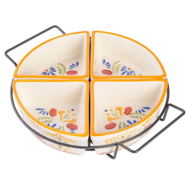 Laurie Gates Tierra 4-Section Hand Painted Stoneware Tidbit Dish with Metal Rack 130965.05RR - main