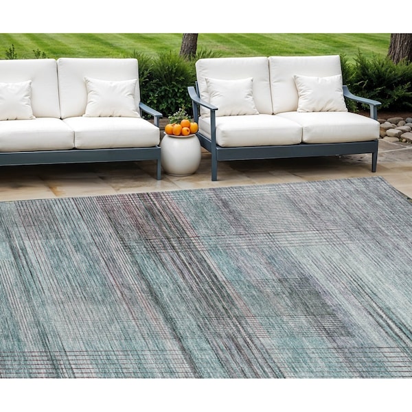 Homeroots 8' X 10' Teal Blue Gray And Charcoal Striped Washable Indoor Outdoor Area Rug 588073 - main