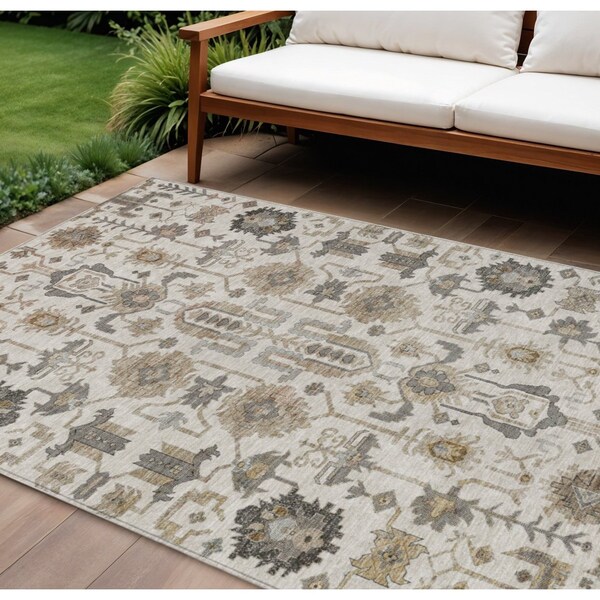 Homeroots 9' X 12' Ivory Beige And Taupe Oriental Washable Indoor Outdoor Area Rug 582090 - main