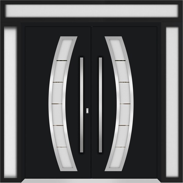 Vdomdoors Metal Double Doors Deux 6500 Black Enamel Frosted Glass 2 Sidelights and Top Transom Entry Modern P DEUX6500DEXD-BLK-W14+72+14xH96+12-LH-O - main