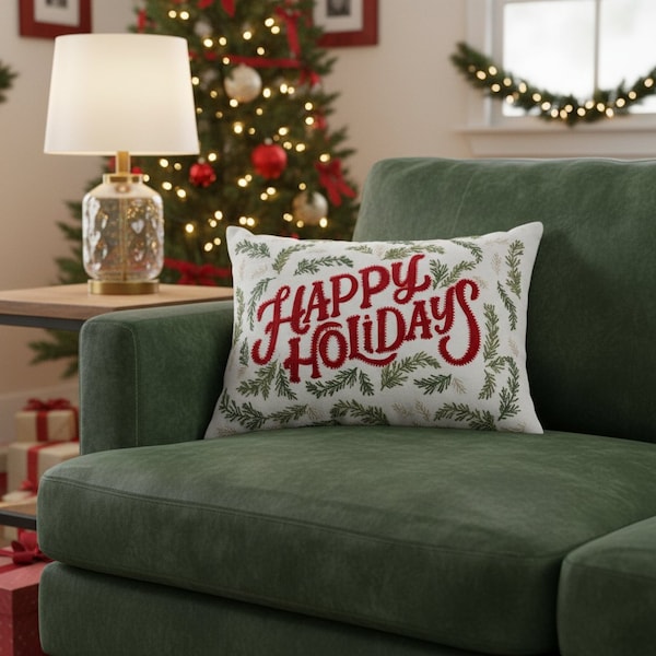 Homeroots 14" X 20" Ivory Red And Green Cotton Happy Holidays Throw Pillow With Embroidery 719252 - main