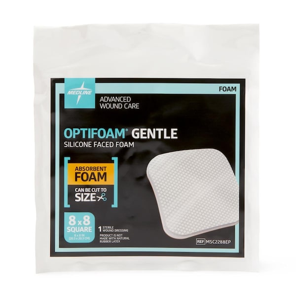 Medline Optifoam Gentle Silicone-Faced Foam Dressing, 8in x 8in, in Educational Packaging MSC2288EPH - main