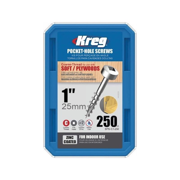 Kreg No. 7 X 1 in. L Square Zinc-Plated Coarse Pocket-Hole Screw 250 pk SPS-C1-250 - main