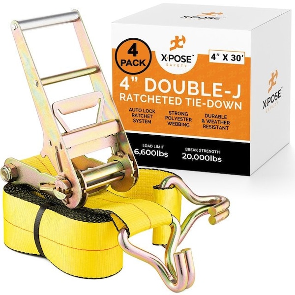 Xpose Safety Ratchet Straps Heavy Duty, 4 In x 30 FT Tie Down Straps Ratchet Operated with Double J Hooks, 4-PK RTD430-DJH-4-X-S - main