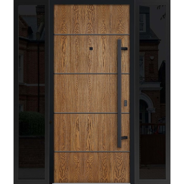 Vdomdoors Steel Door Deux 6683 Natural Oak 2 Sidelight Exterior Windows Sidelites/ Entry Door Painted W14+36+ DEUX6683EXD-OAK-W14+36+14 X H80-LH-I - main
