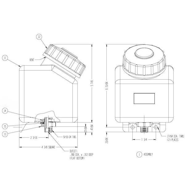 Oil-Rite Reservoir Polycarb Square 1 Qt 5/8-18 Remote Mount w/Brass Shank & Nut, w/Enlarged Mounting Holes YB4221-1 - main
