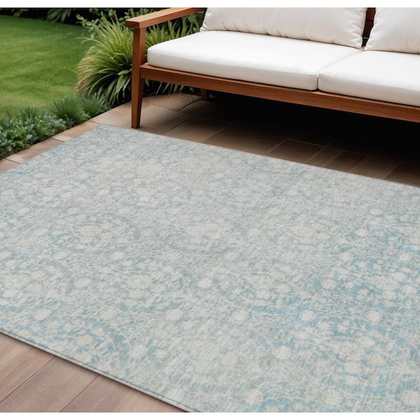 Homeroots 9' X 12' Aqua Damask Washable Indoor Outdoor Area Rug 607678 - main