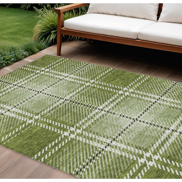 Homeroots 9' X 12' Green Black And Ivory Plaid Washable Indoor Outdoor Area Rug 596337 - main