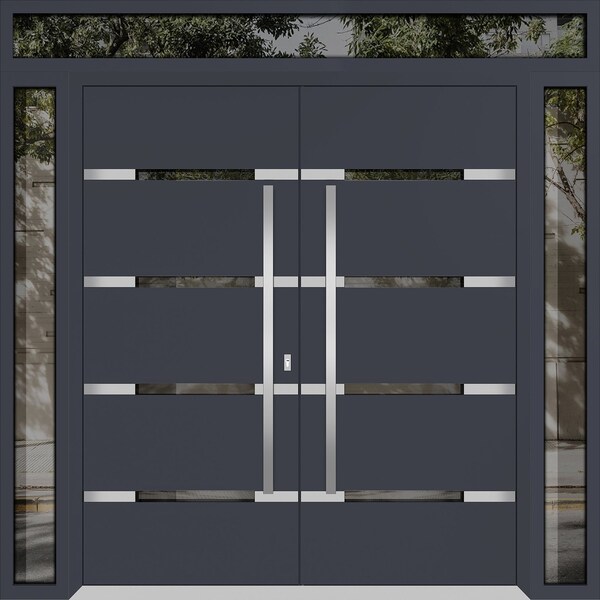 Vdomdoors Metal Double Doors Deux 1105 Gray Graphite Mirrored Glass 2 Sidelights and Top Transom Entry Modern DEUX1105DEXD-GRE-W14+72+14xH96+12-RH-O - main