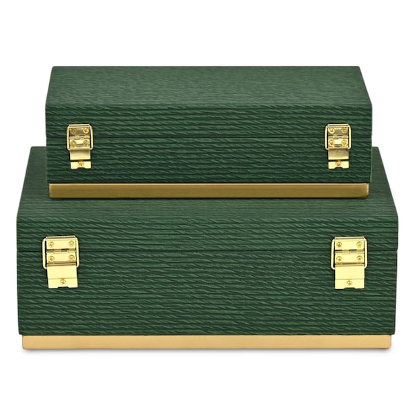 Homeroots Set of Two Green And Gold Striped Nesting Storage Boxes With Lids, 2PK 712924 - main
