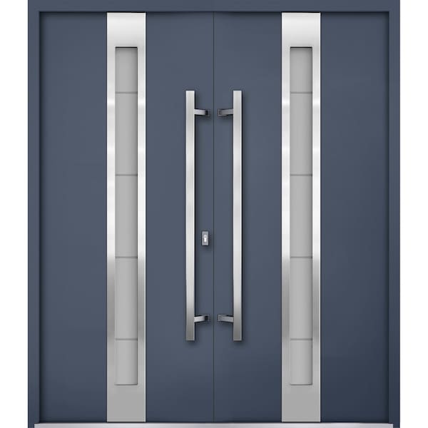 Vdomdoors Steel Double Doors Deux 1717 Gray Graphite Stainless Inserts Single Modern Painted DEUX1717DEXD-GRE-RH-W72 x H80 - main