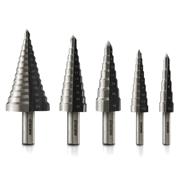 Neiko Step Drill Bit Set, 5 Piece, 4mm- 35mm, Metric, Two Flute Step Down Bits, 135 Degree Point 10198A - main
