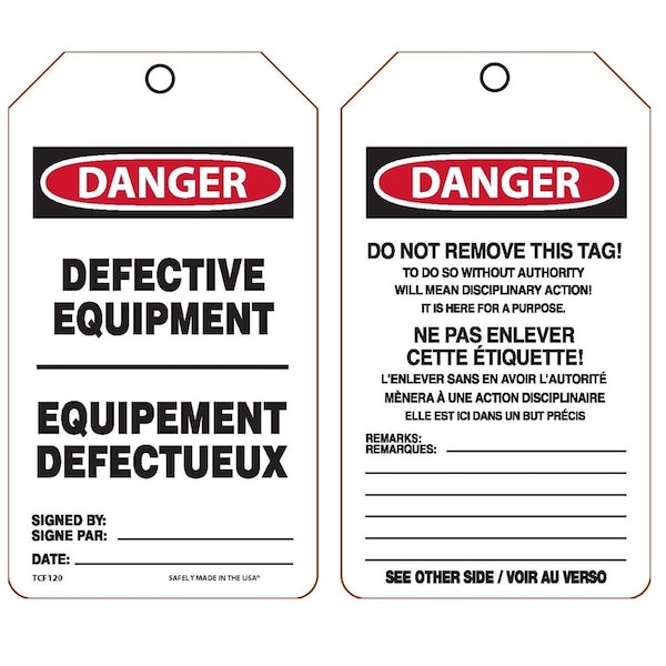 Accuform French Bilingual Safety Tags, DANGER DEFECTIVE EQUIPMENT, 5.75in x 3.25in, RP-Plastic, 5PK TCF120PTM - main