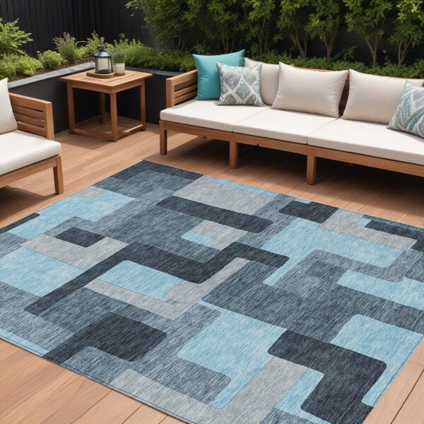 Homeroots 10' X 14' Sky Blue Denim Blue And Gray Geometric Washable Indoor Outdoor Area Rug 613240 - main