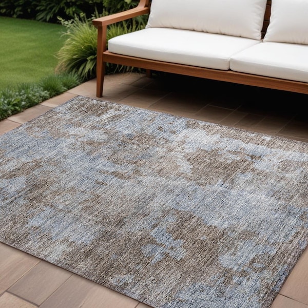 Homeroots 9' X 12' Mocha and Blue Abstract Washable Non Skid Indoor Outdoor Area Rug 564249 - main