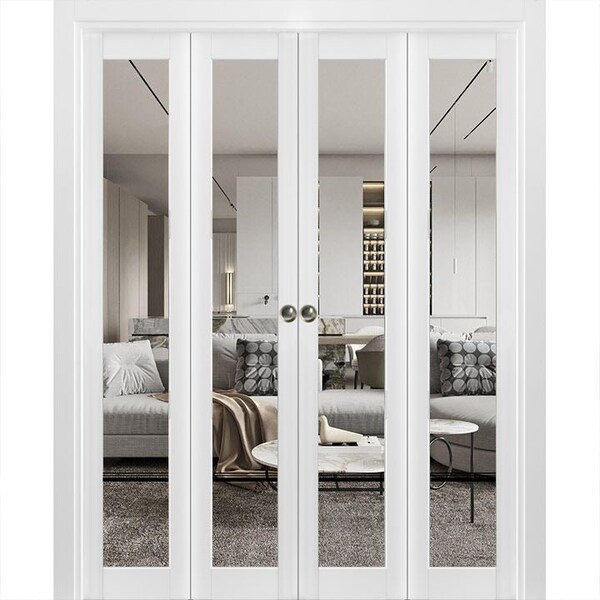 Sartodoors Sliding Closet Double Bi-fold Doors, Lucia 2666 White Silk with Clear Glass and Aluminum Strips, S LUCIA2666DBF-WS-96 x 84 (4* 24x84) - main