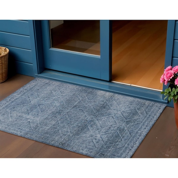 Homeroots 3' X 5' Blue And Ivory Geometric Washable Indoor Outdoor Area Rug 630489 - main