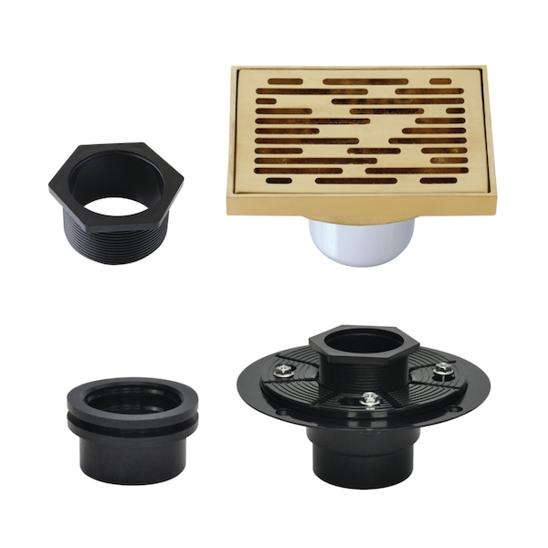 Kingston Brass 4" Brass Square Grid Shower Drain with Hair Strainer and Base Flange, Brushed Brass BSFK6310BB - main