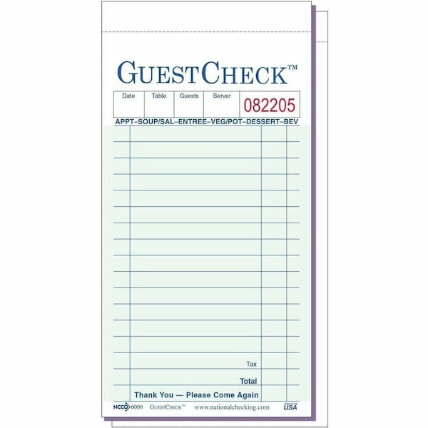National Checking Company 2 Part 16 Line Carbon Green Guest Check, PK2500 G6000 - main