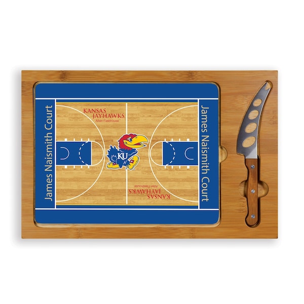 Picnic Time Family Of Brands NCAA Kansas Jayhawks Basketball Court Icon Glass Top Cutting Board & Knife Set 910-00-505-245-0 - main