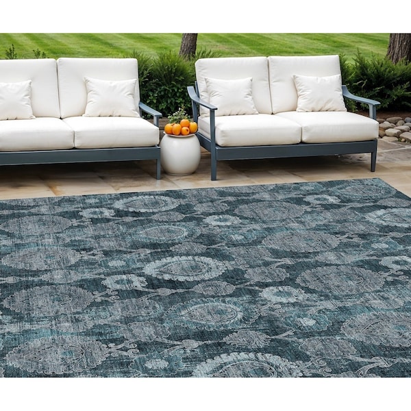 Homeroots 8' X 10' Teal Blue And Sky Blue Damask Washable Indoor Outdoor Area Rug 588199 - main