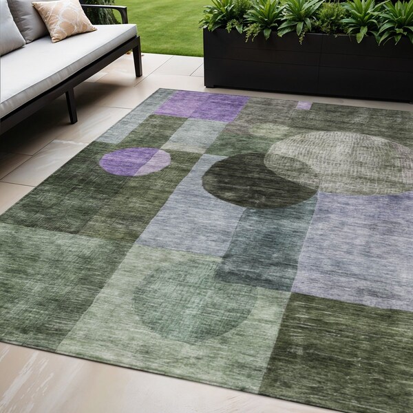 Homeroots 5' X 8' Olive Green Charcoal And Purple Geometric Washable Indoor Outdoor Area Rug 604337 - main