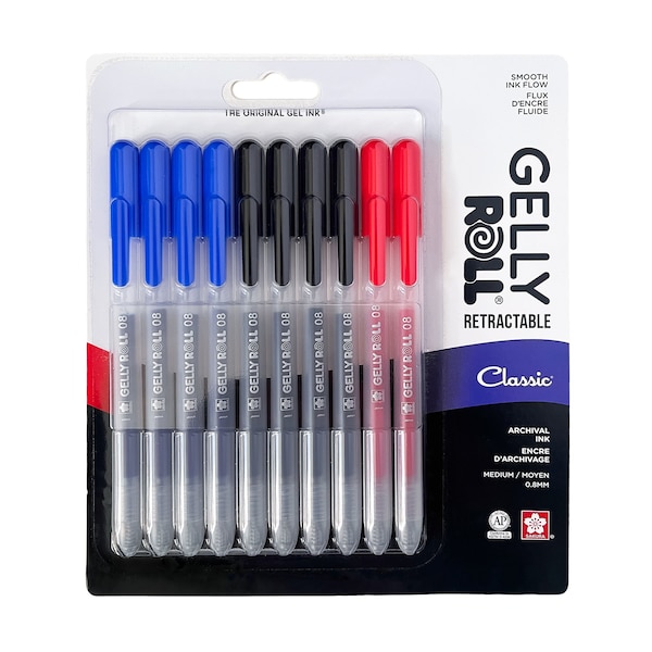 Sakura Retractable Classic Gel Pens, 08 Medium Point, Assorted Colors, 10-Piece Set, Blister Card 50608 - main