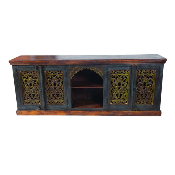 Homeroots 91in Brown Gray and Green Solid Wood Buffet Table with Two Doors 488606 - main