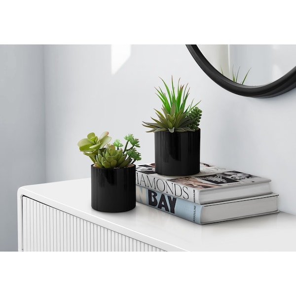 Monarch Specialties Artificial Plant, 7'' Tall, Succulent, Indoor, Fake, Decorative, Green Plants, Glossy Blk Pots, 2PK I 9554 - main