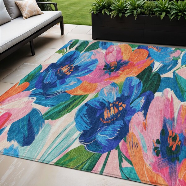 Homeroots 5' X 8' Navy Blue And Sky Blue Floral Washable Indoor Outdoor Area Rug 611072 - main