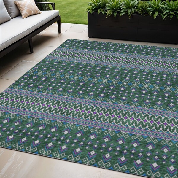 Homeroots 5' X 8' Green Blue And Purple Tribal Washable Indoor Outdoor Area Rug 582561 - main