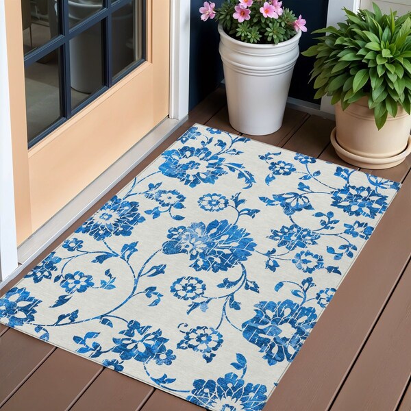 Homeroots 3' X 5' White And Denim Blue Floral Washable Indoor Outdoor Area Rug 589512 - main