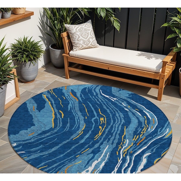 Homeroots 8' Navy Blue Gold And Copper Round Abstract Washable Indoor Outdoor Area Rug 600242 - main