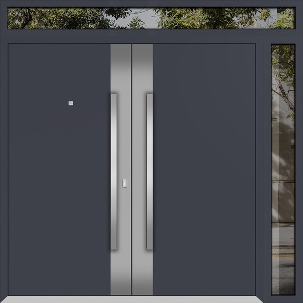 Vdomdoors Metal Double Doors Deux 0729 Gray Graphite Stainless Steel insert 1 Sidelight and Top Transom Entry DEUX0729DEXD-GRE-W72+16xH80+14-RH-O - main