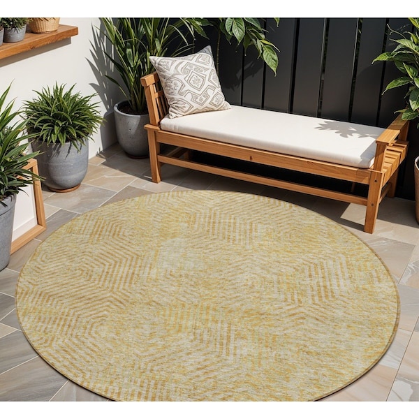Homeroots 8' Gold And Beige Round Geometric Washable Indoor Outdoor Area Rug 594547 - main