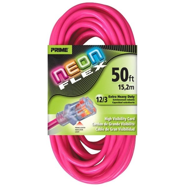 Prime SJTW Extension Cord, 12 AWG, Outdoor, 12/3, 1 Outlets, 5-15R, High Visibility Pink, 5-15P, 50 ft PR311511 - main