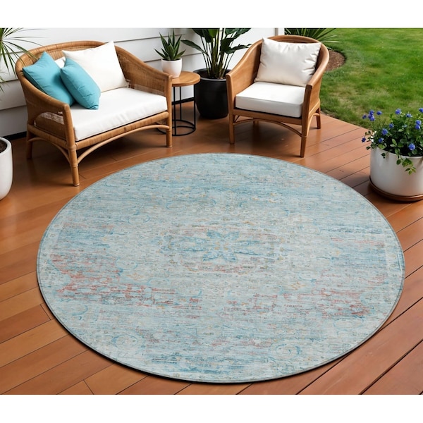 Homeroots 8' Sky Blue And Blush Round Medallion Washable Indoor Outdoor Area Rug 615742 - main