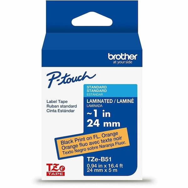 Brother Adhesive TZ Tape (R) Cartridge 15/16"x26-1/5ft., Black/Fluorescent Orange TZEB51G - main