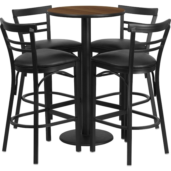 Flash Furniture Round Walnut Bar Tble, Rnd Base w/Blk Seats, 24", Laminate Top, Wood Grain RSRB1036-GG - main